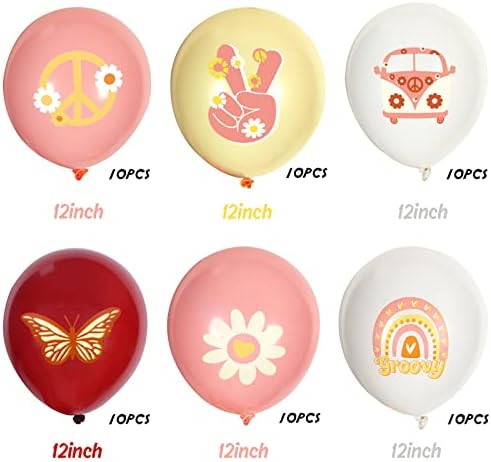 Whaline 60Pcs Groovy Retro Hippie Balloons with White Ribbon