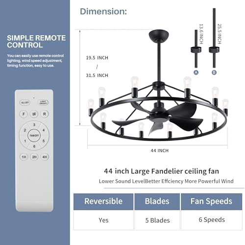 44 Inch Black Chandelier Fan with Remote and 12 Lights