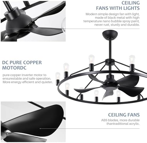 44 Inch Black Chandelier Fan with Remote and 12 Lights