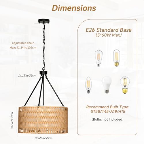 Boho Rattan Chandelier with 5 Lights and Double Shades