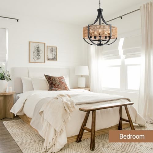 VDWO 20 Black Rattan Chandelier 5 Light Farmhouse Pendant Lighting