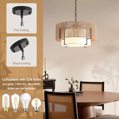 4-Light Rattan Chandelier with Fabric Shade