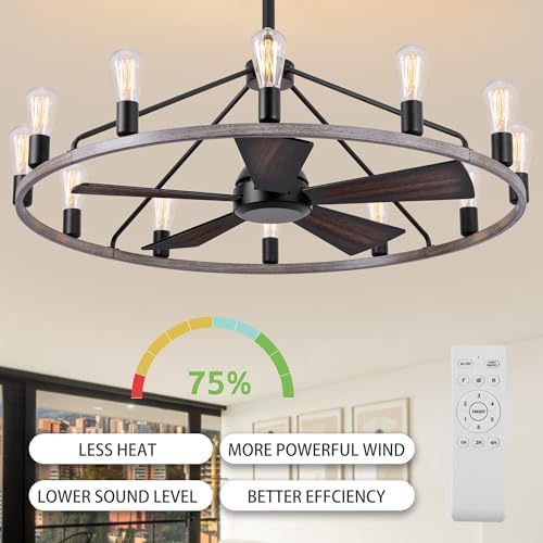 Shes home 43 Inch Wood Wagon Wheel Chandelier with Fan