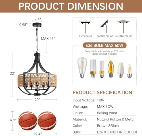 VDWO 20 Black Rattan Chandelier 5 Light Farmhouse Pendant Lighting