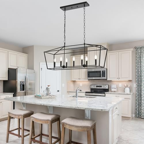 TULUCE Kitchen Island Linear Chandelier 7 Light Adjustable Height in Coal Black Finish
