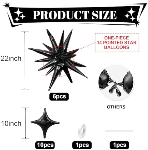Black Star Balloons Set 6Pcs 22Inch 10Pcs 10Inch