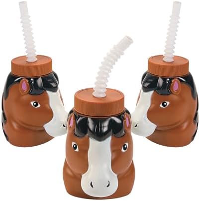 Fun Express Set of 8 Horse Shaped Cups with Lids and Straws