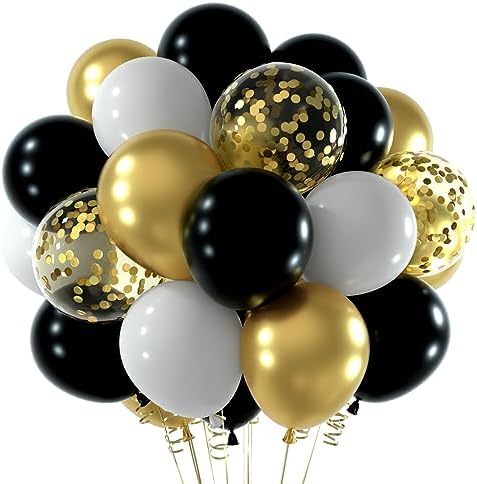 NEBURORA 60pc Black and Gold Confetti Balloons with Ribbons