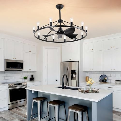 44 Inch Black Chandelier Fan with Remote and 12 Lights