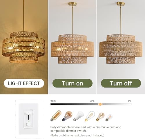 24-inch Boho Rattan Chandelier with 6 Lights