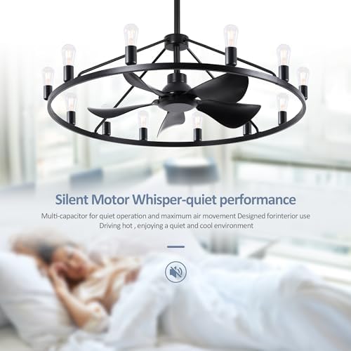 44 Inch Black Chandelier Fan with Remote and 12 Lights