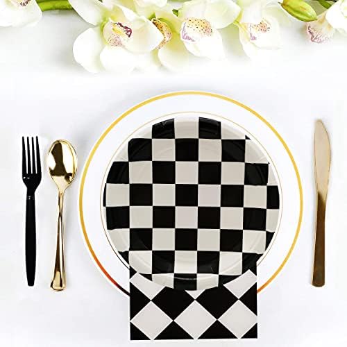 60Pcs Black and White Checkered Race Car Party Plates Set