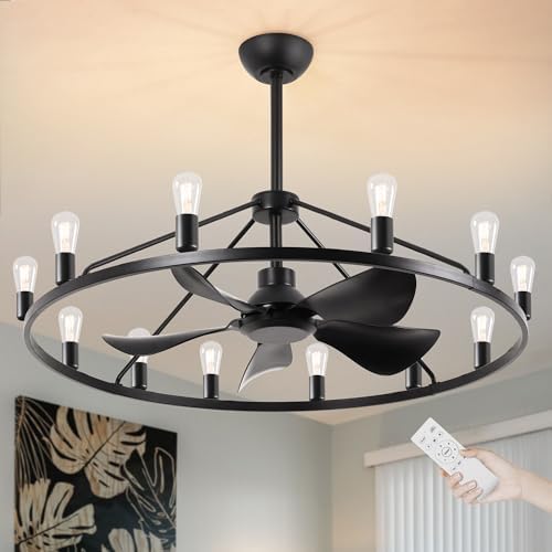 44 Inch Black Chandelier Fan with Remote and 12 Lights