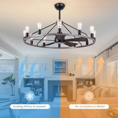 Shes home 43 Inch Wood Wagon Wheel Chandelier with Fan