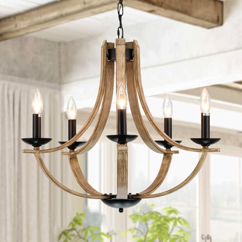 Farmhouse Chandeliers 5-Light 24 Inch Faux Wood Hanging Light