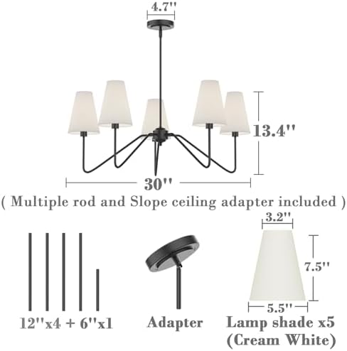 Electro bp 30 Inch 5 Arm Chandelier Matt Black with White Linen Shades