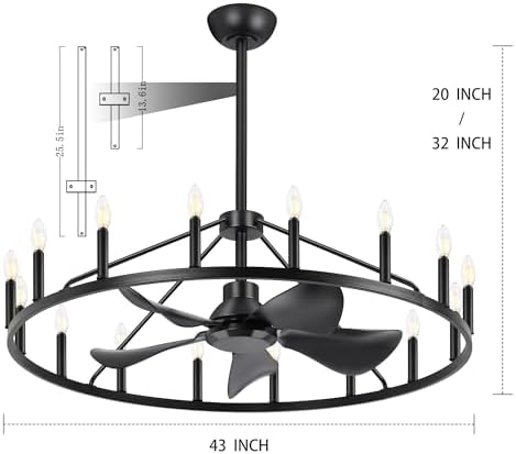 Shes Home 43 Inch Black Wagon Wheel Chandelier Fan with Light and Remote