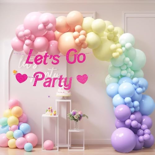 House Of Party 140pcs Pastel Rainbow Balloon Arch Kit Lets Go Party Banner