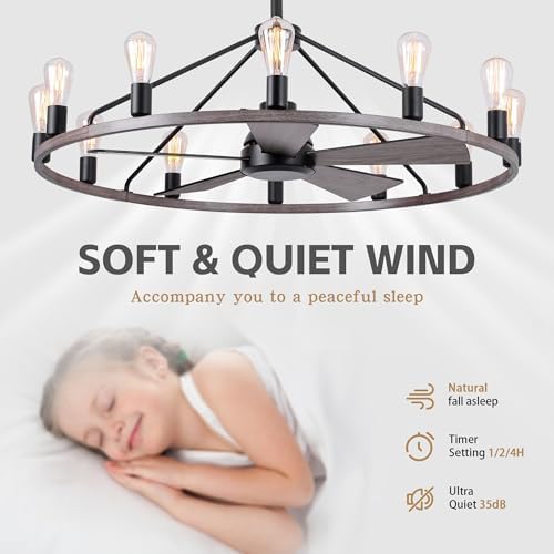 Shes home 43 Inch Wood Wagon Wheel Chandelier with Fan