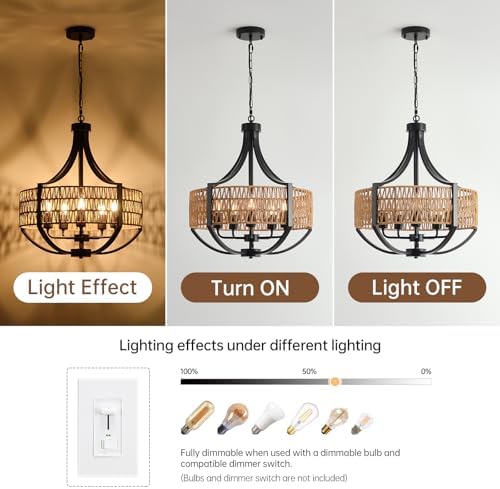 VDWO 20 Black Rattan Chandelier 5 Light Farmhouse Pendant Lighting