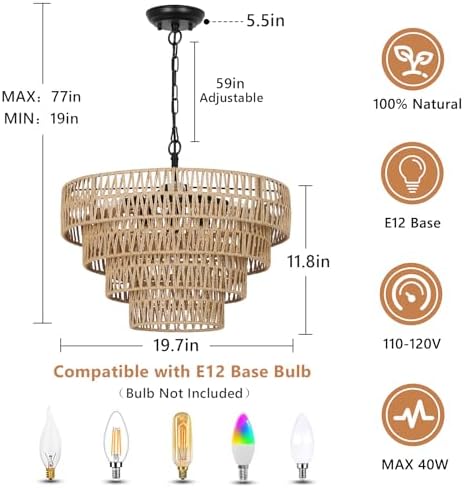 Boho Rattan Chandelier 6 Light Farmhouse Dining Room Pendant