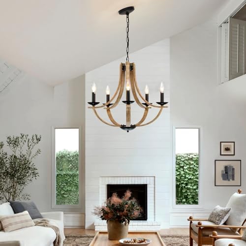 Farmhouse Chandeliers 5-Light 24 Inch Faux Wood Hanging Light