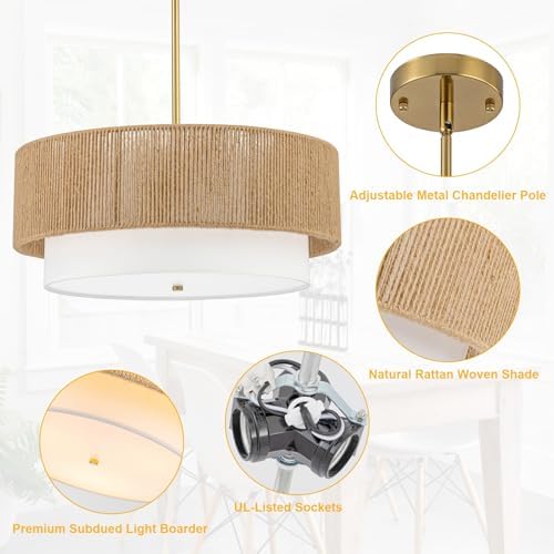 18 Inch Boho Rattan Chandelier with 3 Lights