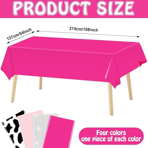 4PCS Hot Pink Disco Cowgirl Tablecloths with Cow Print and Disco Ball Patterns