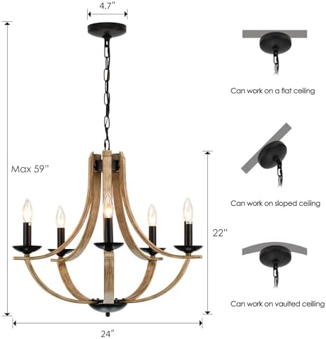 Farmhouse Chandeliers 5-Light 24 Inch Faux Wood Hanging Light