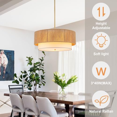18 Inch Boho Rattan Chandelier with 3 Lights