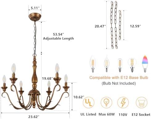 6 Light Farmhouse Chandelier Vintage Gold