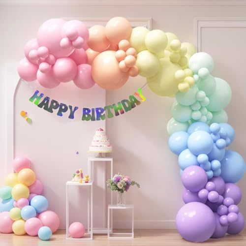 House Of Party 140pcs Pastel Rainbow Balloon Arch Kit with Happy Birthday Banner