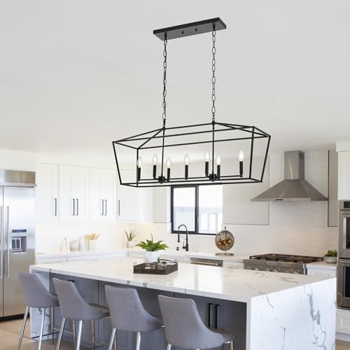 TULUCE Kitchen Island Linear Chandelier 7 Light Adjustable Height in Coal Black Finish