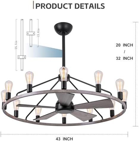 Shes home 43 Inch Wood Wagon Wheel Chandelier with Fan