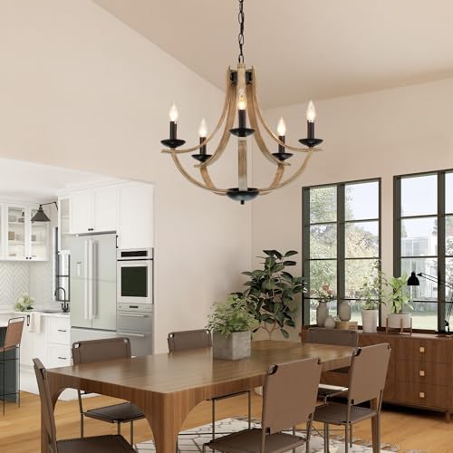 Farmhouse Chandeliers 5-Light 24 Inch Faux Wood Hanging Light