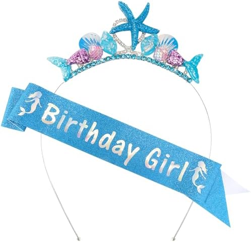 SuPoo Mermaid Tiara and Sash Birthday Headband Set
