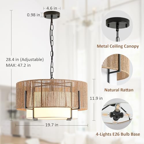 4-Light Rattan Chandelier with Fabric Shade