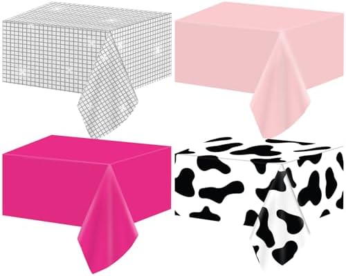 4PCS Hot Pink Disco Cowgirl Tablecloths with Cow Print and Disco Ball Patterns