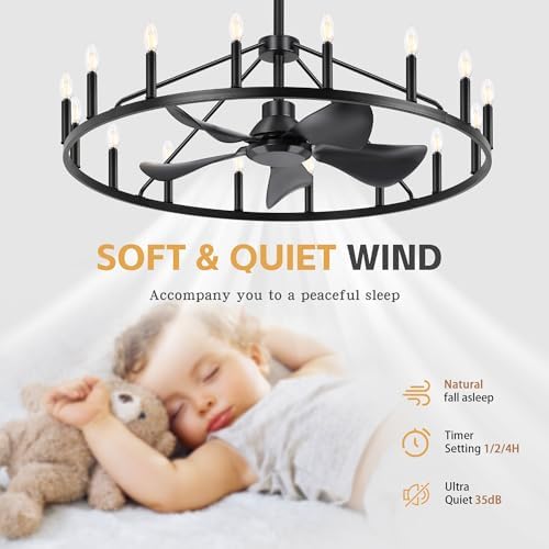 Shes Home 43 Inch Black Wagon Wheel Chandelier Fan with Light and Remote