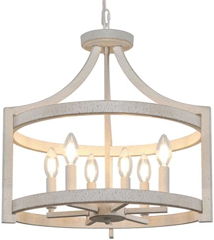 6-Light Farmhouse Chandelier Distressed White Hanging Pendant Lighting