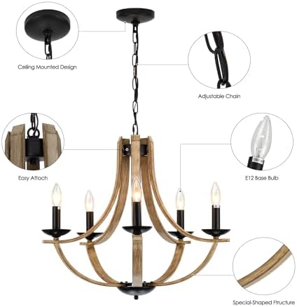 Farmhouse Chandeliers 5-Light 24 Inch Faux Wood Hanging Light