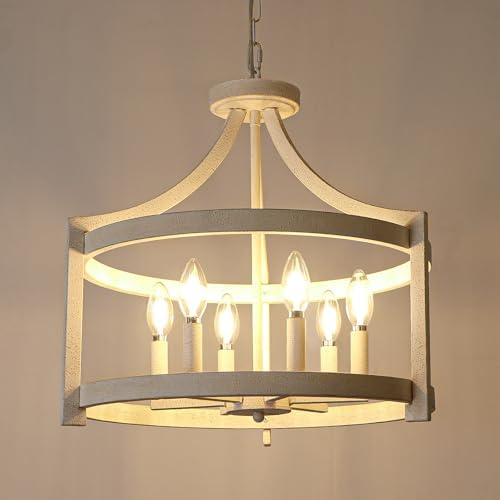 6-Light Farmhouse Chandelier Distressed White Hanging Pendant Lighting