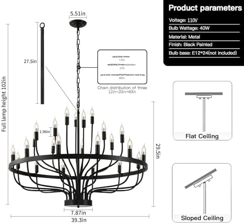 24 Light Black Chandelier 3 Tier Modern Farmhouse