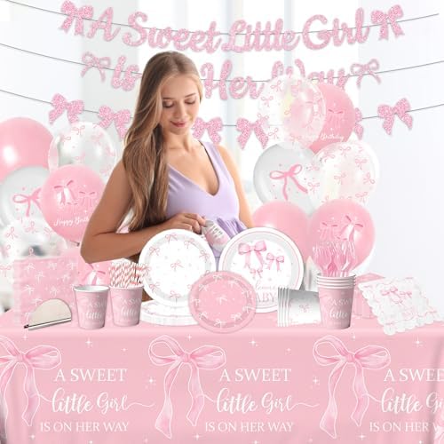 Pink Bow Baby Shower Tableware Set for Girls