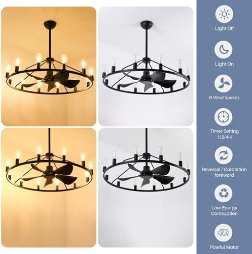 44 Inch Black Chandelier Fan with Remote and 12 Lights