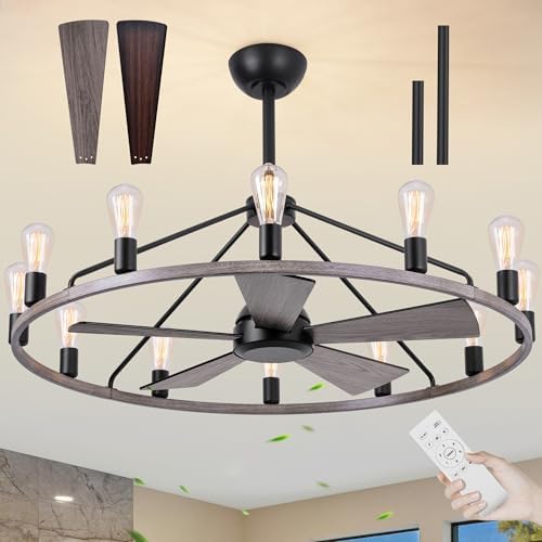 Shes home 43 Inch Wood Wagon Wheel Chandelier with Fan