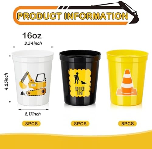 Domensi 24 Pcs Construction Party Cups 16oz Thick Plastic