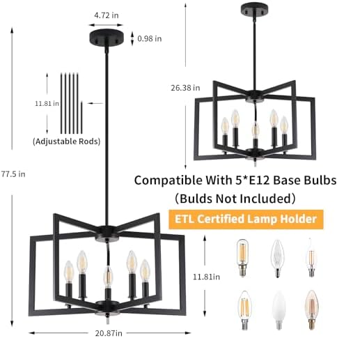 Modern Industrial Black Chandelier with 5 Lights