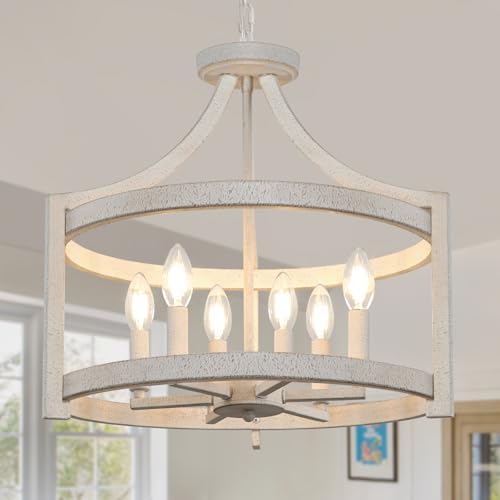 6-Light Farmhouse Chandelier Distressed White Hanging Pendant Lighting