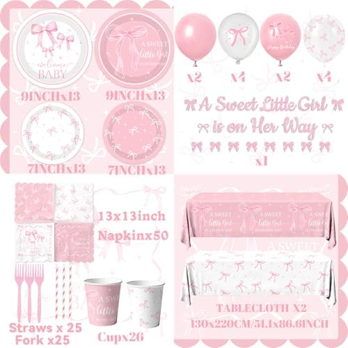 Pink Bow Baby Shower Tableware Set for Girls